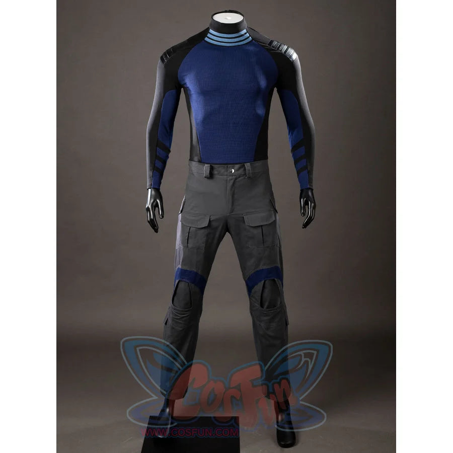 Daredevil: Born Again Bullseye cosplay costume front view focuses on a blue top set into black sleeves above gray pants