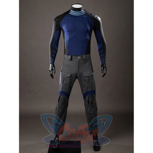 Daredevil: Born Again Bullseye cosplay costume front view focuses on a blue top set into black sleeves above gray pants