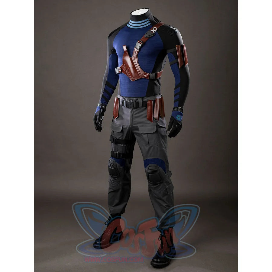 Daredevil: Born Again Bullseye cosplay costume angled view shows the full outfit with crossbody sheath and leg bands