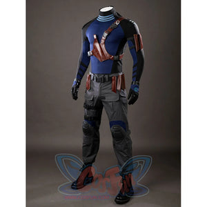 Daredevil: Born Again Bullseye cosplay costume angled view shows the full outfit with crossbody sheath and leg bands