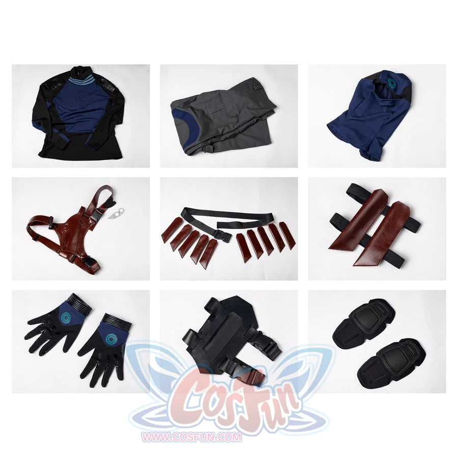 Daredevil: Born Again Bullseye cosplay costume flat lay arranges the hood, top, pants, belt pieces, and gloves