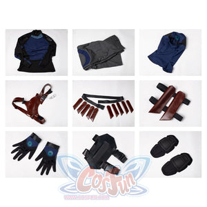Daredevil: Born Again Bullseye cosplay costume flat lay arranges the hood, top, pants, belt pieces, and gloves