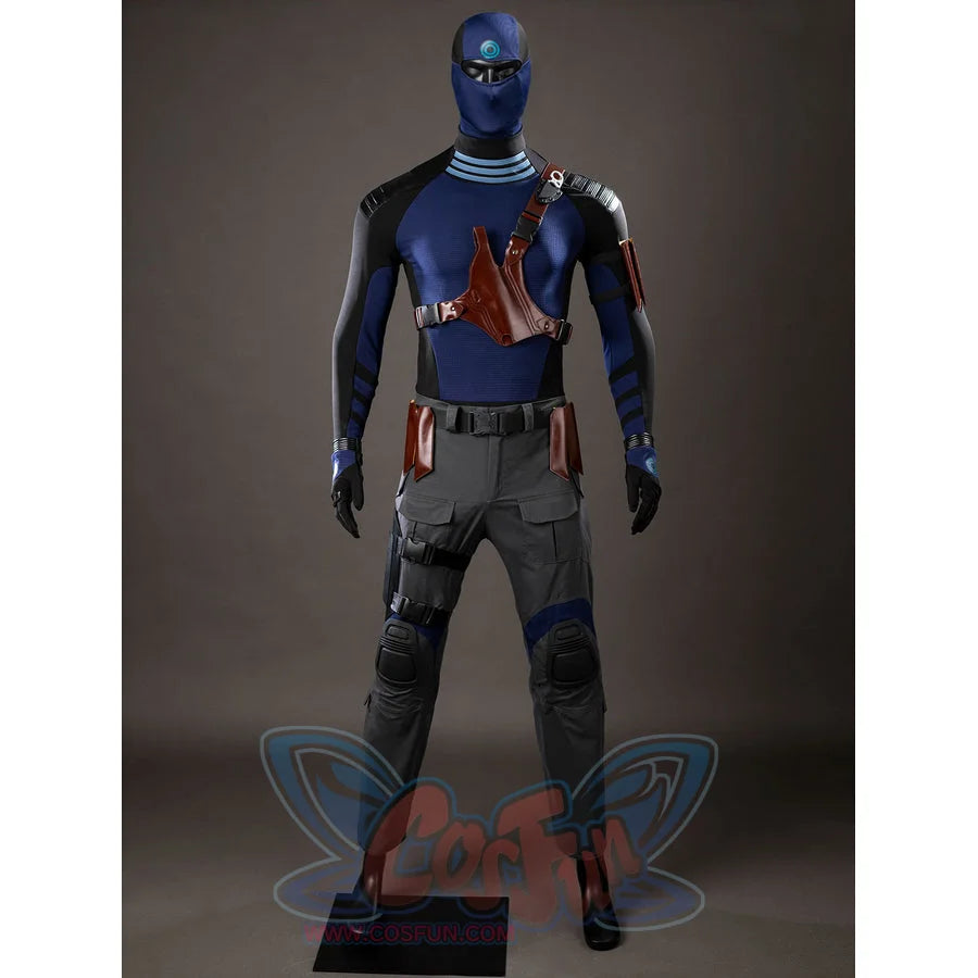 Daredevil: Born Again Bullseye cosplay costume front view centers the hooded blue top above gray tactical pants