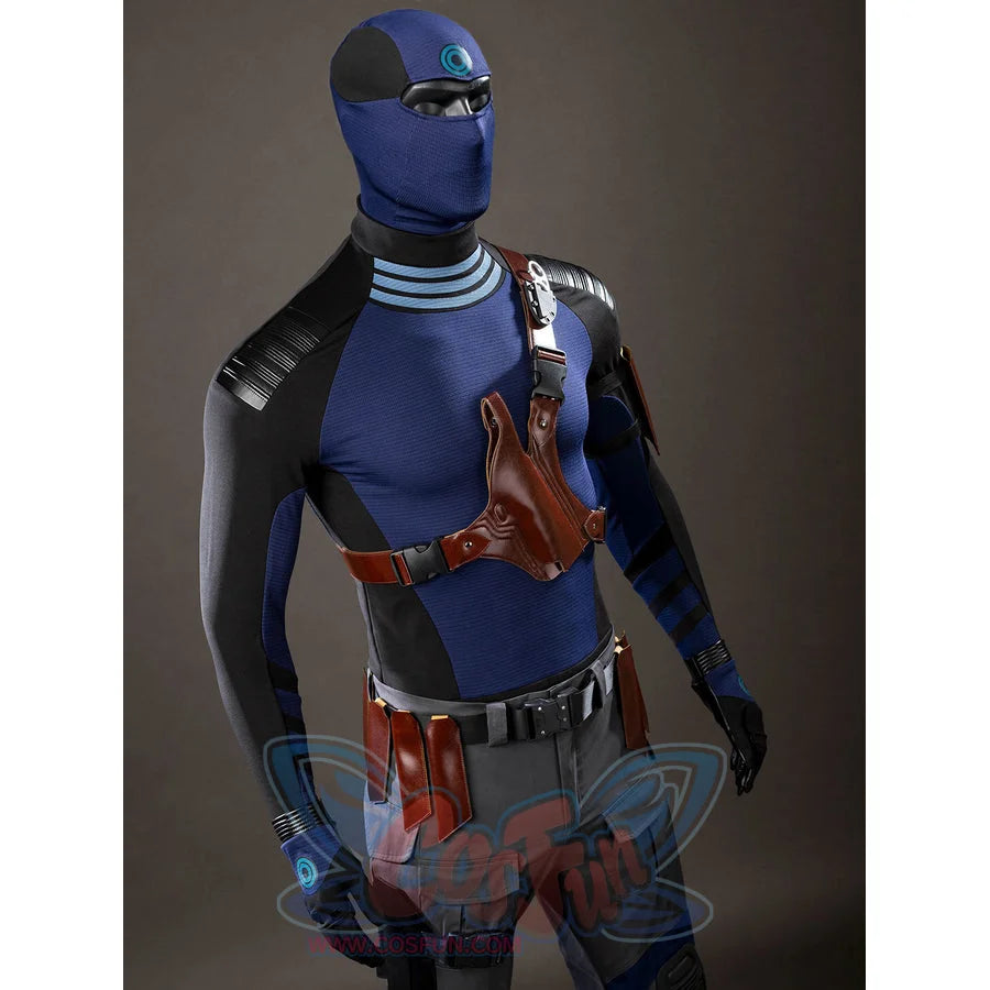 Daredevil: Born Again Bullseye cosplay costume upper-body angle shows the brown crossbody sheath over a blue masked top