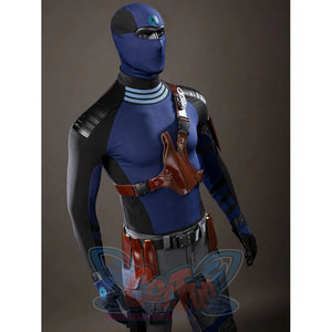 Daredevil: Born Again Bullseye cosplay costume upper-body angle shows the brown crossbody sheath over a blue masked top