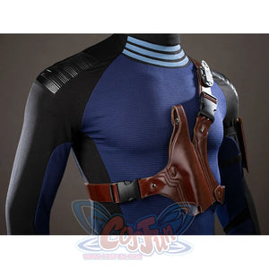 Daredevil: Born Again Bullseye cosplay crossbody sheath detail traces the brown strap across the blue and black shoulder