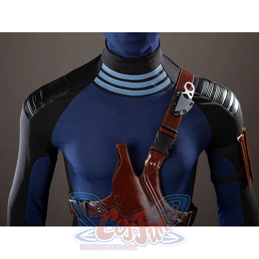 Daredevil: Born Again Bullseye cosplay crossbody sheath detail sits over the blue top near pale striped collar bands