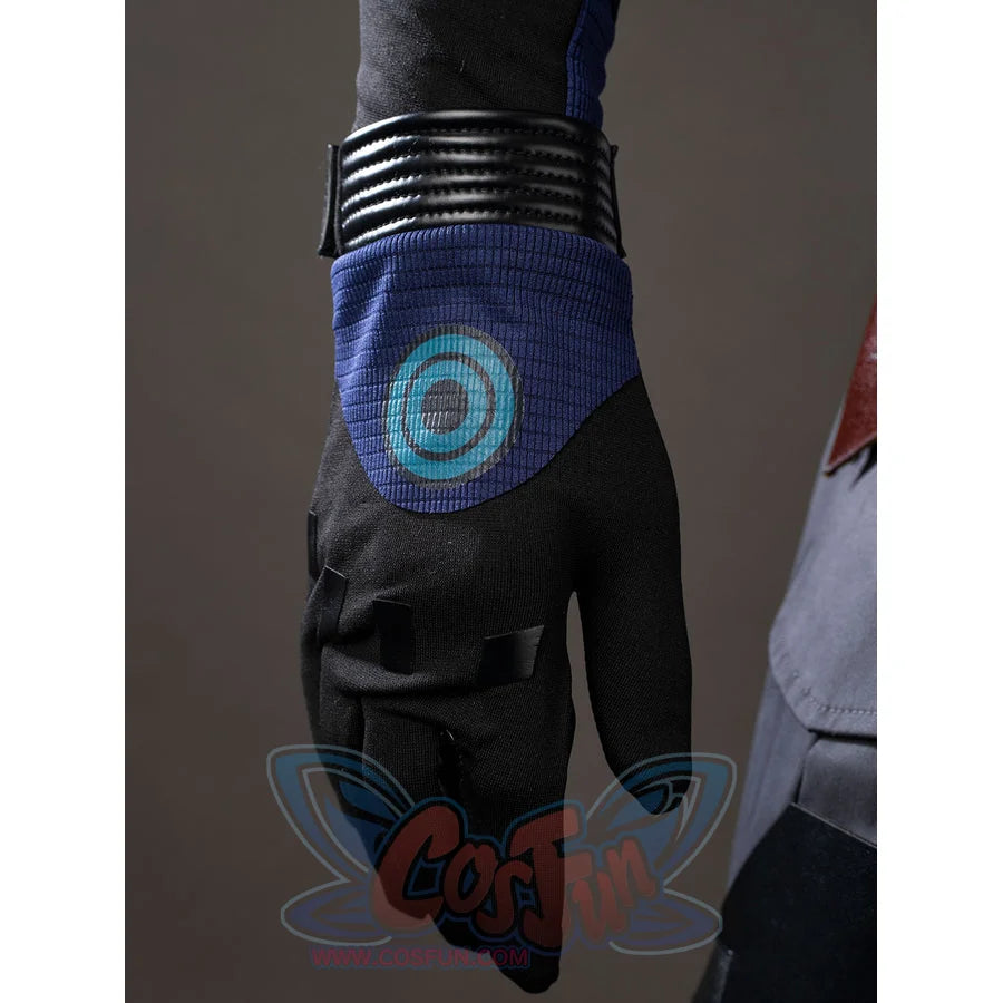 Daredevil: Born Again Bullseye cosplay glove detail features a blue target mark set into the black hand panel