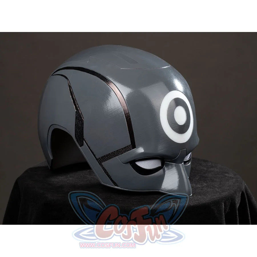 Daredevil: Born Again Bullseye cosplay helmet side angle follows the rounded gray shell toward the white target emblem