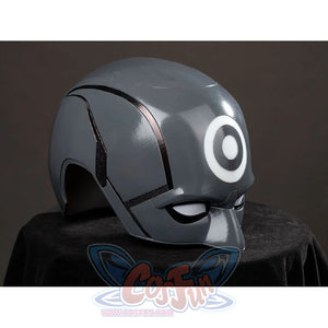Daredevil: Born Again Bullseye cosplay helmet side angle follows the rounded gray shell toward the white target emblem
