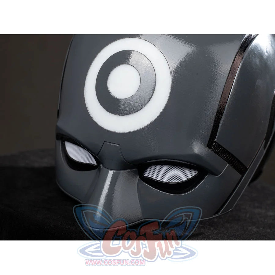 Daredevil: Born Again Bullseye cosplay helmet close-up centers the white target mark above the narrow eye openings