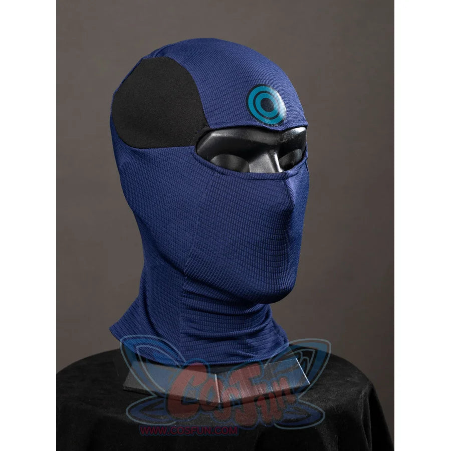 Daredevil: Born Again Bullseye cosplay hood angled view frames the black eye opening below the blue target emblem