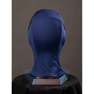 Daredevil: Born Again Bullseye cosplay hood back view focuses on the smooth blue fabric and fitted shape