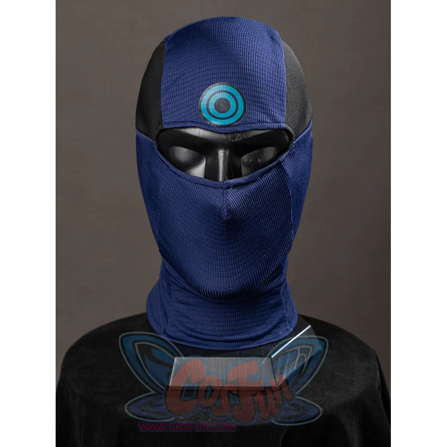 Daredevil: Born Again Bullseye cosplay hood front view centers a target emblem above black eye openings on blue fabric