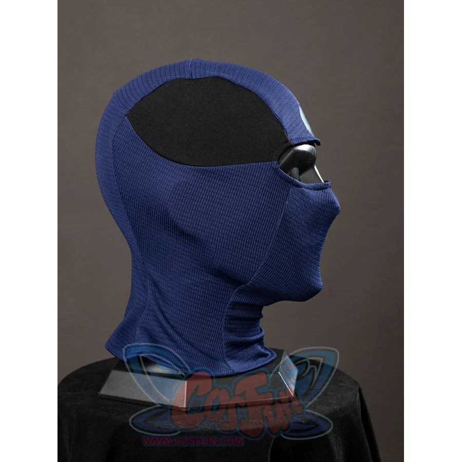 Daredevil: Born Again Bullseye cosplay hood side profile shows the blue face covering edged by a black panel
