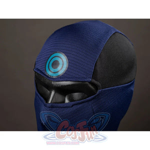 Daredevil: Born Again Bullseye cosplay hood close-up highlights the blue target emblem above the eye opening
