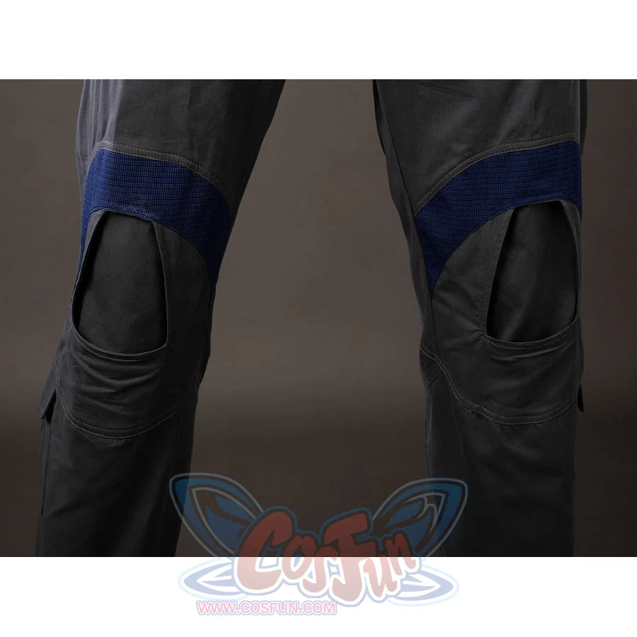 Daredevil: Born Again Bullseye cosplay knee detail sets black padded panels into gray pants with blue accents
