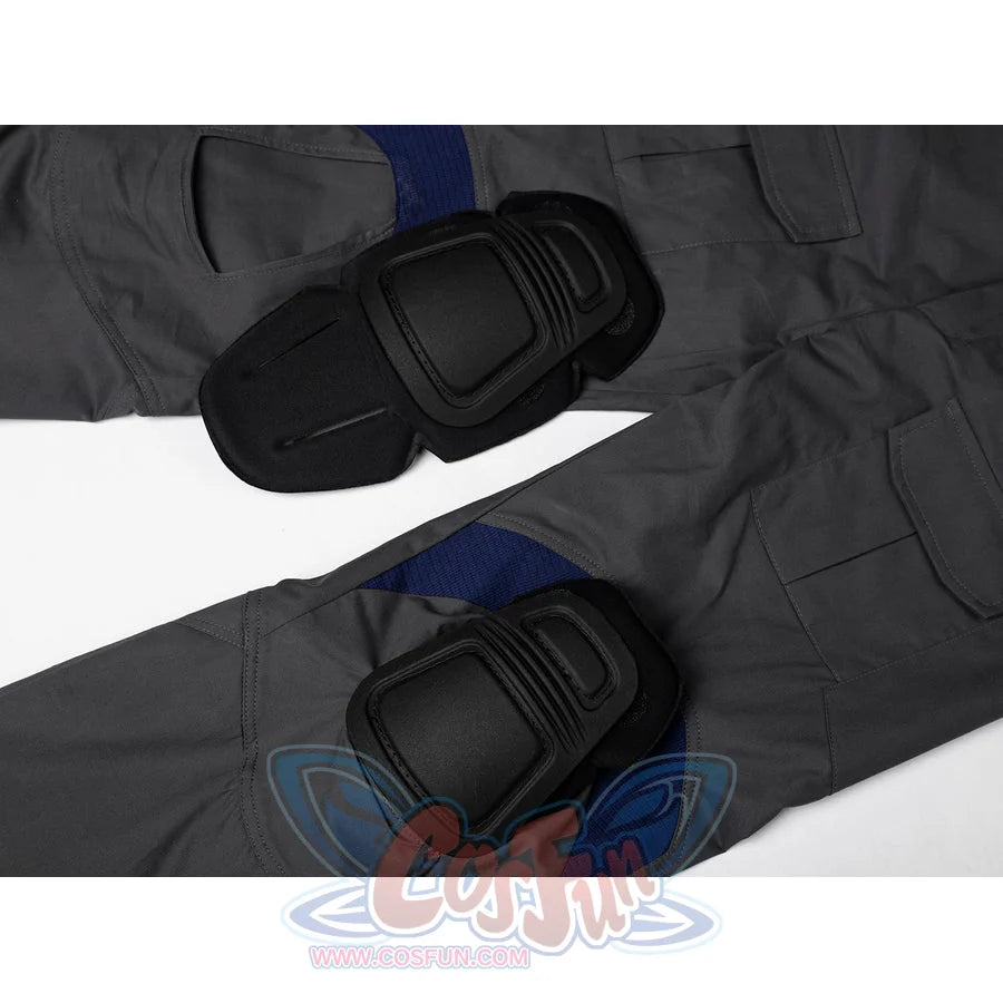 Daredevil: Born Again Bullseye cosplay pants flat lay shows black knee pads attached over gray fabric