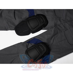 Daredevil: Born Again Bullseye cosplay pants flat lay shows black knee pads attached over gray fabric
