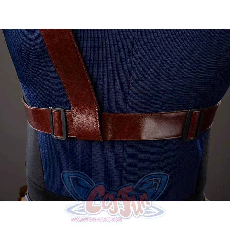 Daredevil: Born Again Bullseye cosplay rear waist detail shows the brown belt strap crossing the blue back panel