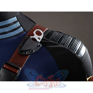 Daredevil: Born Again Bullseye cosplay shoulder strap detail highlights the target accent over black ribbed trim