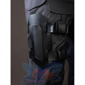 Daredevil: Born Again Bullseye cosplay side leg detail highlights the black pouch and strap work on gray pants