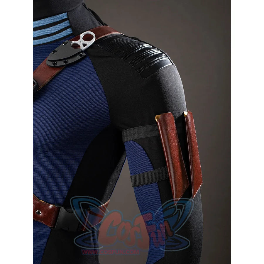 Daredevil: Born Again Bullseye cosplay side sheath detail wraps a brown strap over blue and black fabric