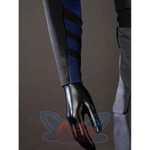 Daredevil: Born Again Bullseye cosplay sleeve detail shows blue ribbed fabric tapering into a black glove