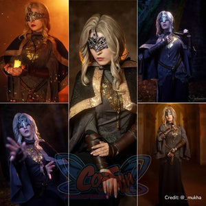 Dark Souls III Fire Keeper cosplay costume collage frames the masked cape over gold trim and a layered dark dress.
