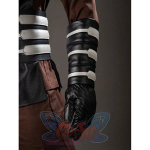 Darth Maul cosplay arm guard detail wraps black and white bands beside brown sleeve fabric.