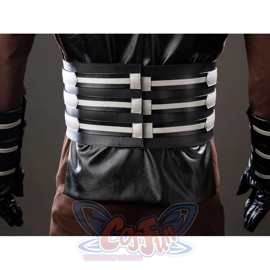 Darth Maul cosplay back waist detail stacks silver sash bars across glossy black vest fabric.