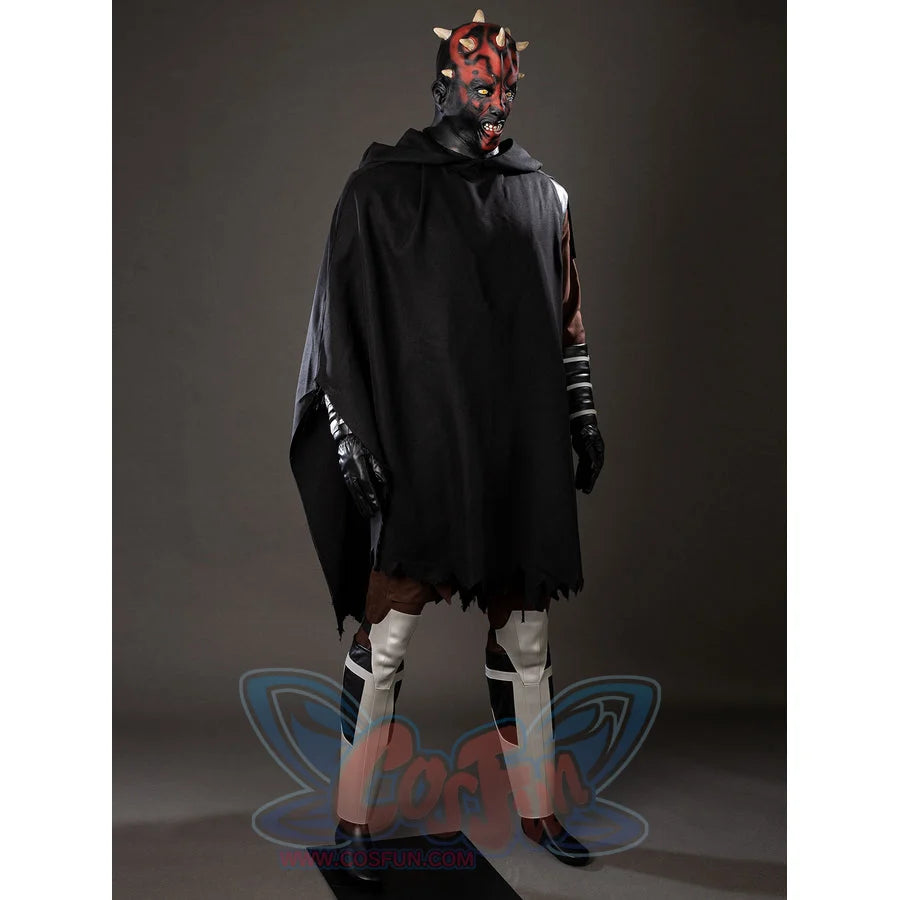 Darth Maul cosplay cloak drapes across the front, leaving the horned latex headpiece and leg guards visible.