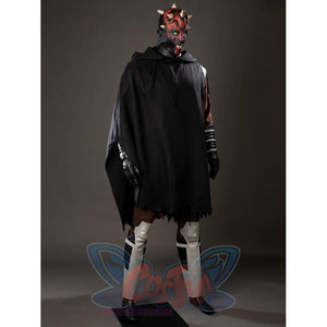 Darth Maul cosplay cloak drapes across the front, leaving the horned latex headpiece and leg guards visible.