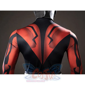 Darth Maul cosplay bodysuit back detail spreads red-and-black markings between the shoulders.