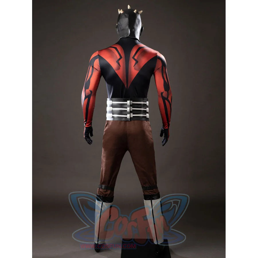 Darth Maul cosplay bodysuit back view spreads red-and-black shoulder markings above brown pants.