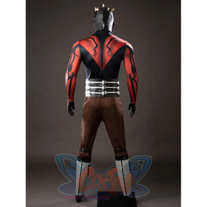 Darth Maul cosplay bodysuit back view spreads red-and-black shoulder markings above brown pants.