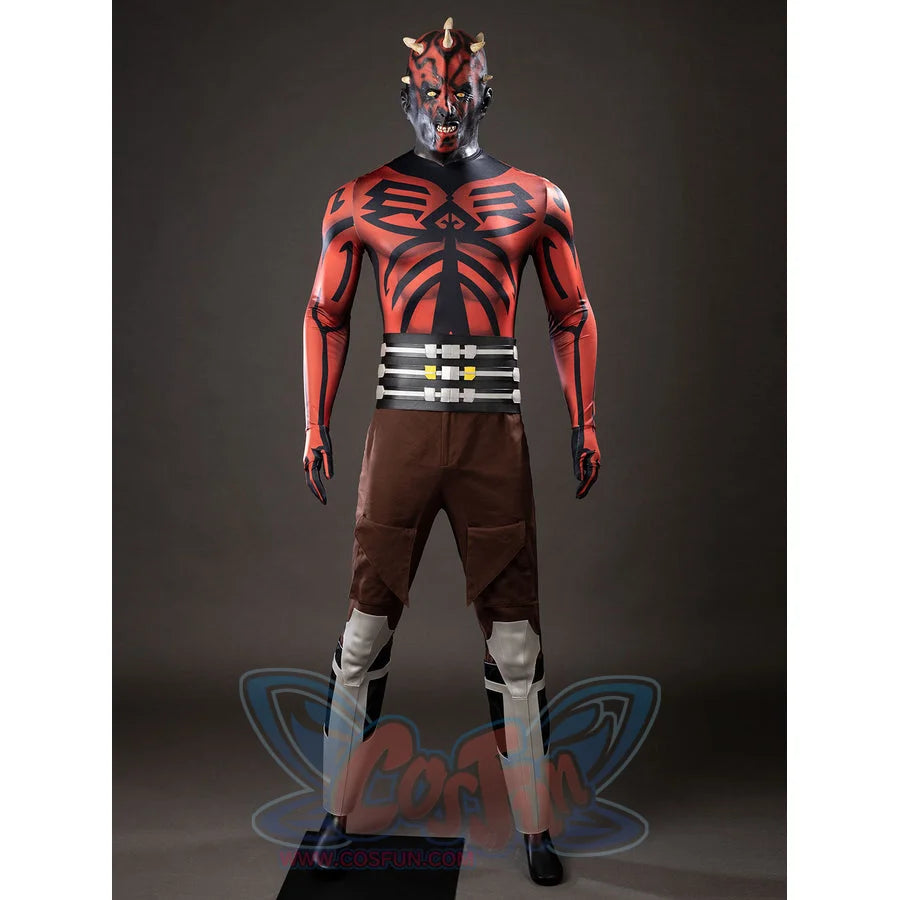 Darth Maul cosplay bodysuit front view highlights red-and-black chest graphics above brown pants.