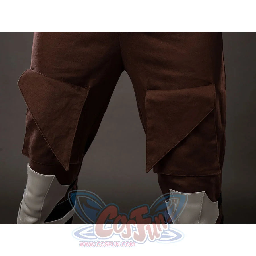 Darth Maul cosplay pants side detail layers brown fabric flaps above the white leg guard.