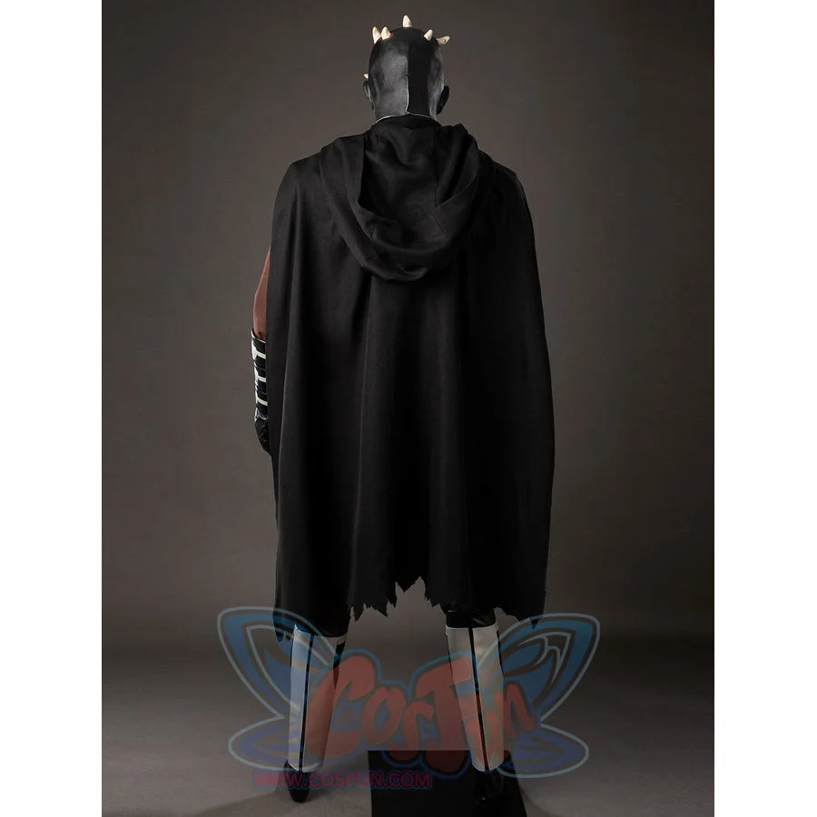 Darth Maul cosplay cloak back view falls in a long black layer above white leg guards.