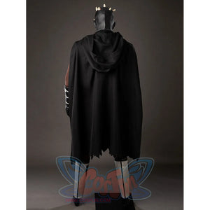 Darth Maul cosplay cloak back view falls in a long black layer above white leg guards.