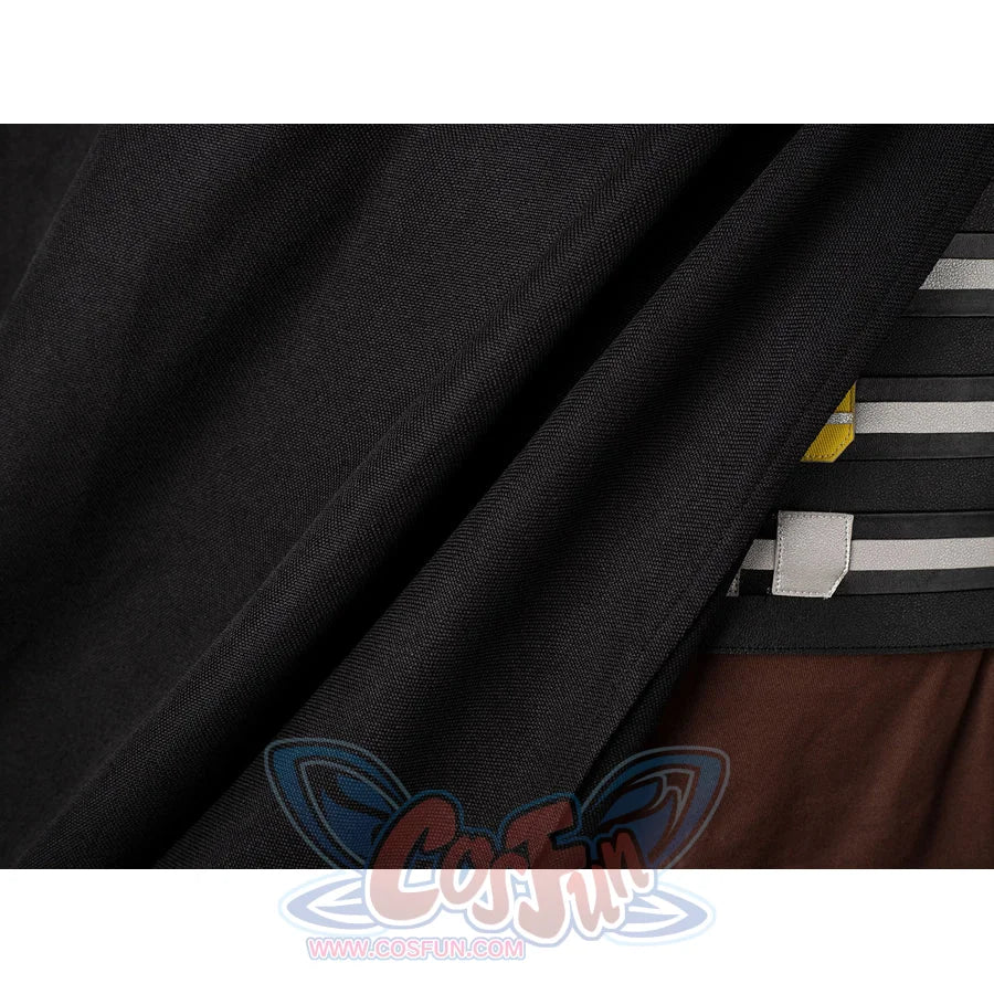Darth Maul cosplay cloak detail folds black fabric beside the layered waist sash and brown pants.