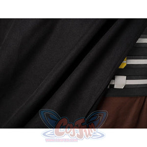 Darth Maul cosplay cloak detail folds black fabric beside the layered waist sash and brown pants.