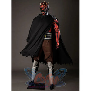 Darth Maul cosplay costume front view swings a black cloak across red armor, brown pants, and white leg guards.