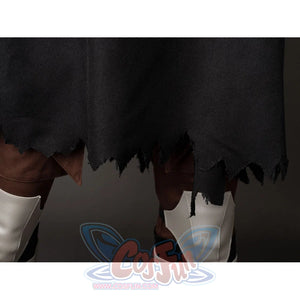 Darth Maul cosplay cloak hem detail cuts a ragged black edge above brown pants and white leg guards.