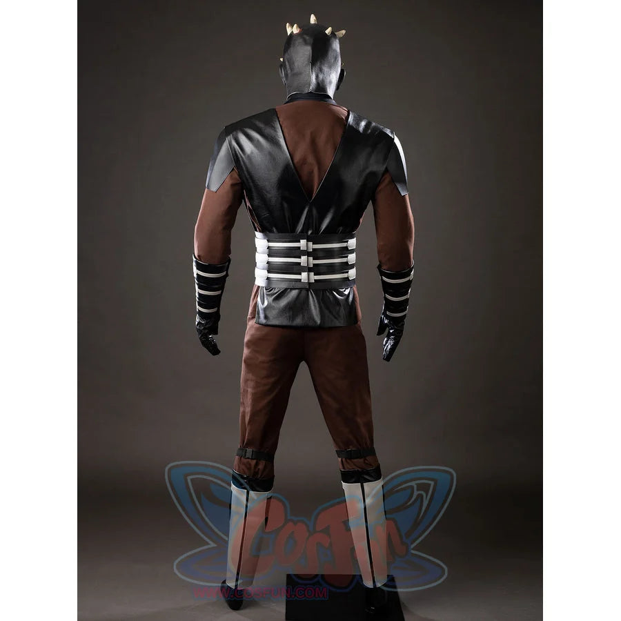 Darth Maul cosplay costume back view stacks black shoulder panels over a silver waist sash and brown pants.