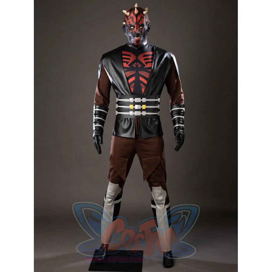 Darth Maul cosplay costume front view sets a black vest and waist sash over red chest armor.