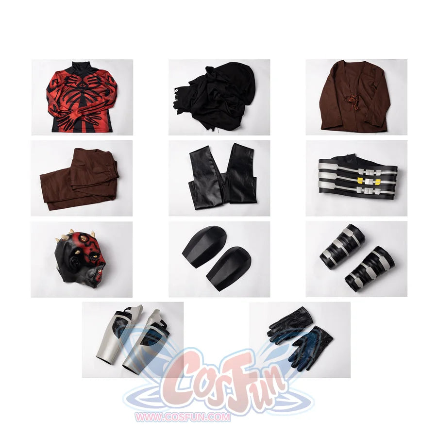 Darth Maul cosplay costume flat lay arranges the bodysuit, cloak, pants, headpiece, gloves, and leg guards.