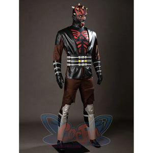 Darth Maul cosplay costume front view centers red chest graphics, black shoulder armor, and a silver waist sash.