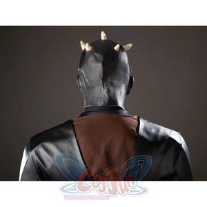 Darth Maul cosplay latex headpiece back detail sets gray texture and small horn shapes above the collar.