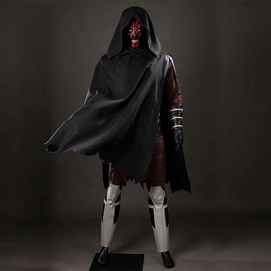 COSFUN Darth Maul cosplay costume layers a black hooded cloak over armor, brown pants, and white leg guards.
